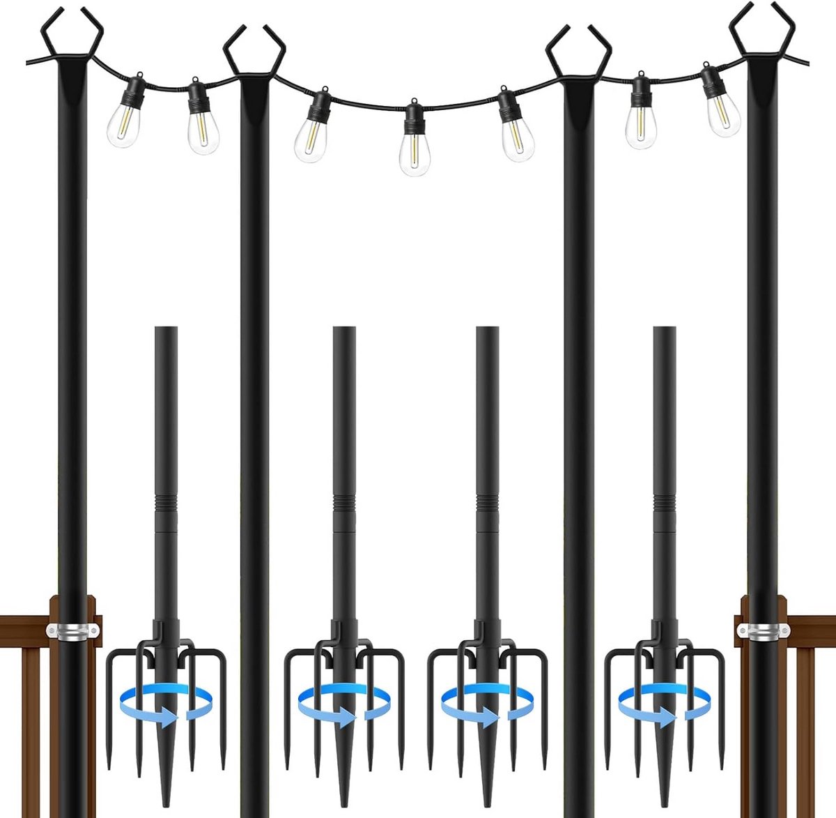 Set van 4 Zwarte Steunpalen voor Buitenverlichting en Decoratie - 300 cm