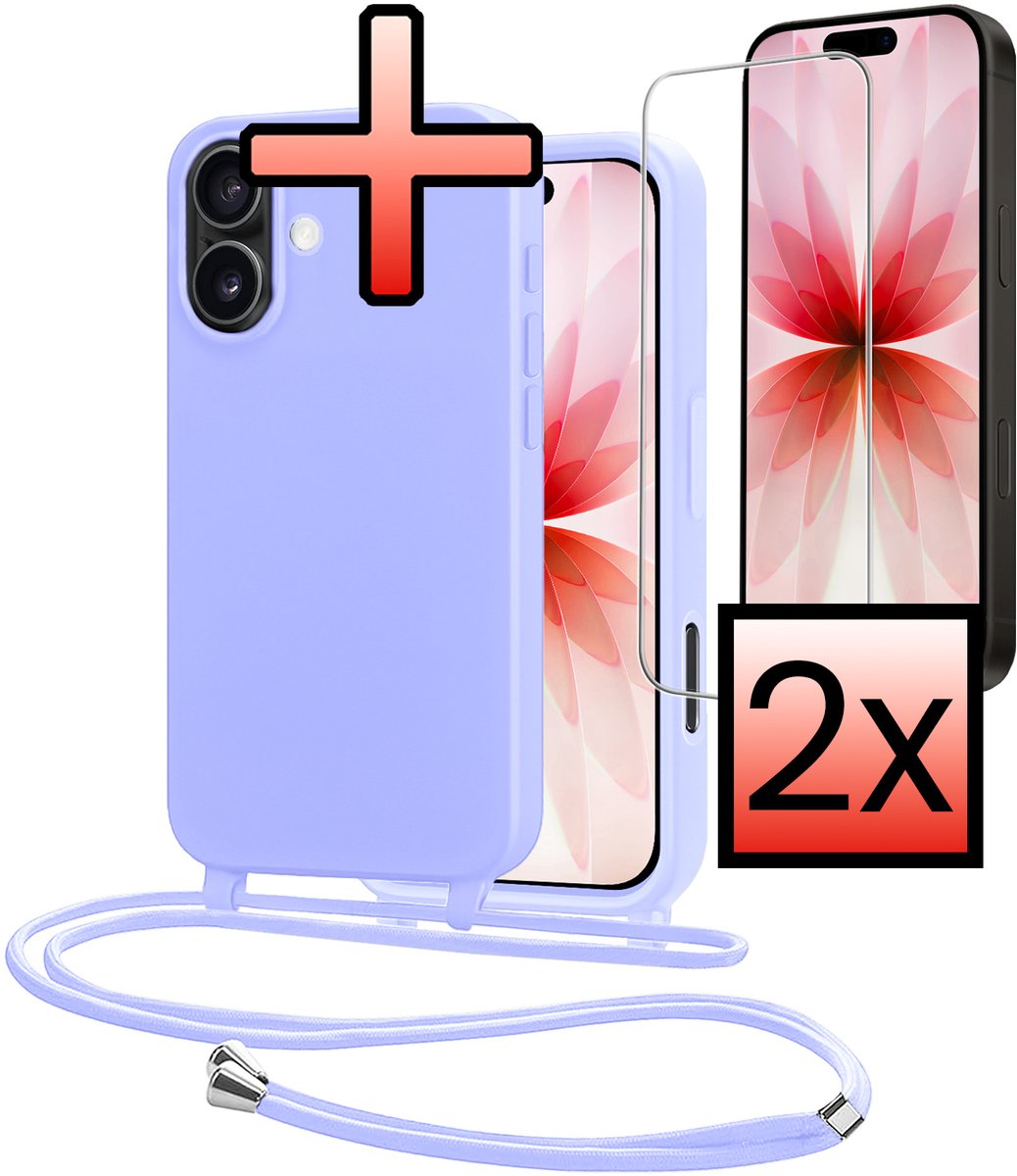 Hoes Geschikt voor iPhone 17 Met Telefoonkoord Met 2x Screenprotector - Siliconen Hoesje Backcover Met Ketting - Lila