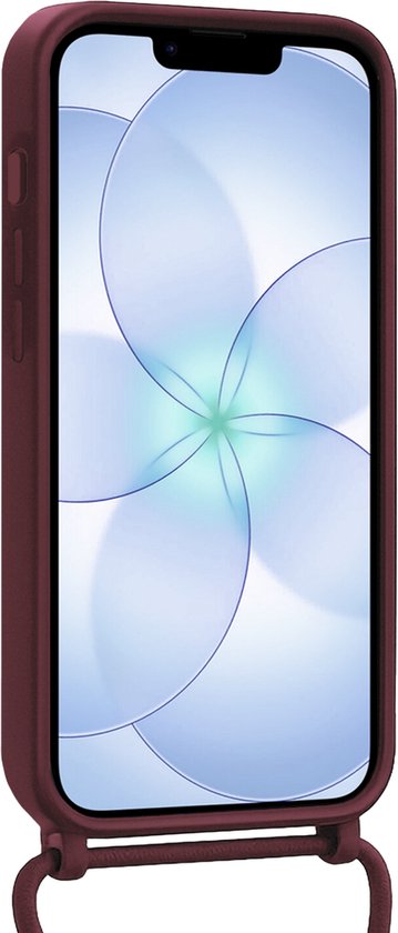 Auberginekleurig telefoonhoesje met kaarthouder en koord, met een telefoon erop.
