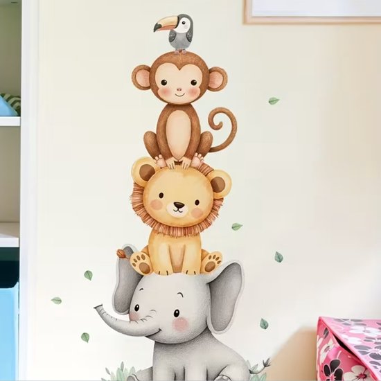 Muursticker 'Stapeltje Dieren' - 36x61cm - Olifant Leeuw Aap Toekan - Zelfklevend - Babykamer - Kinderkamer - Jungle Dieren - Muur Decoratie