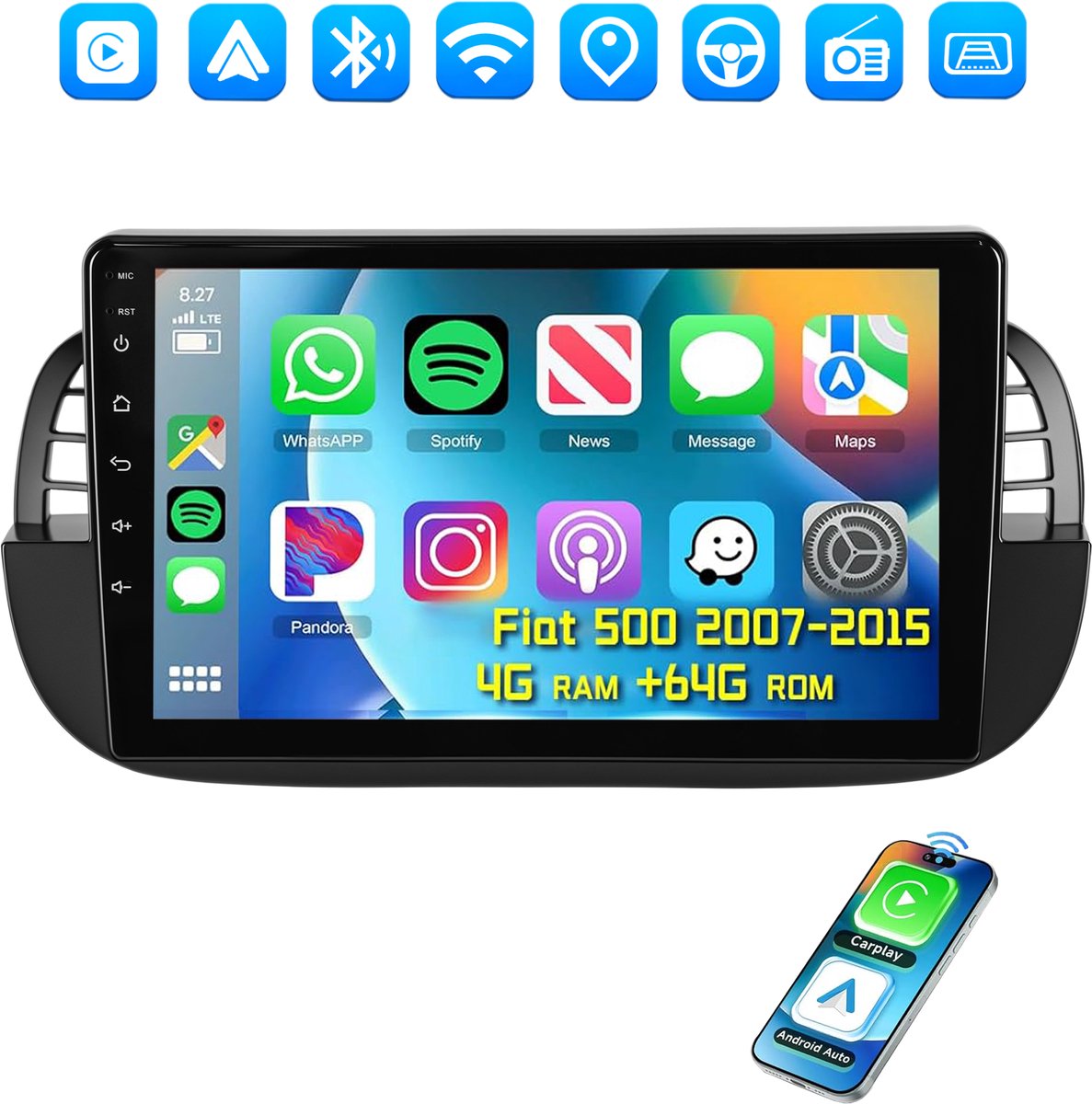 ESSGOO Autoradio voor Fiat 500 2007-2015 - Android 15 - Apple Carplay & Android Auto (Draadloos) - 4+64GB - 9" HD IPS Touchscreen - GPS, WIFi, Bluetooth, USB, SWC - Zwart