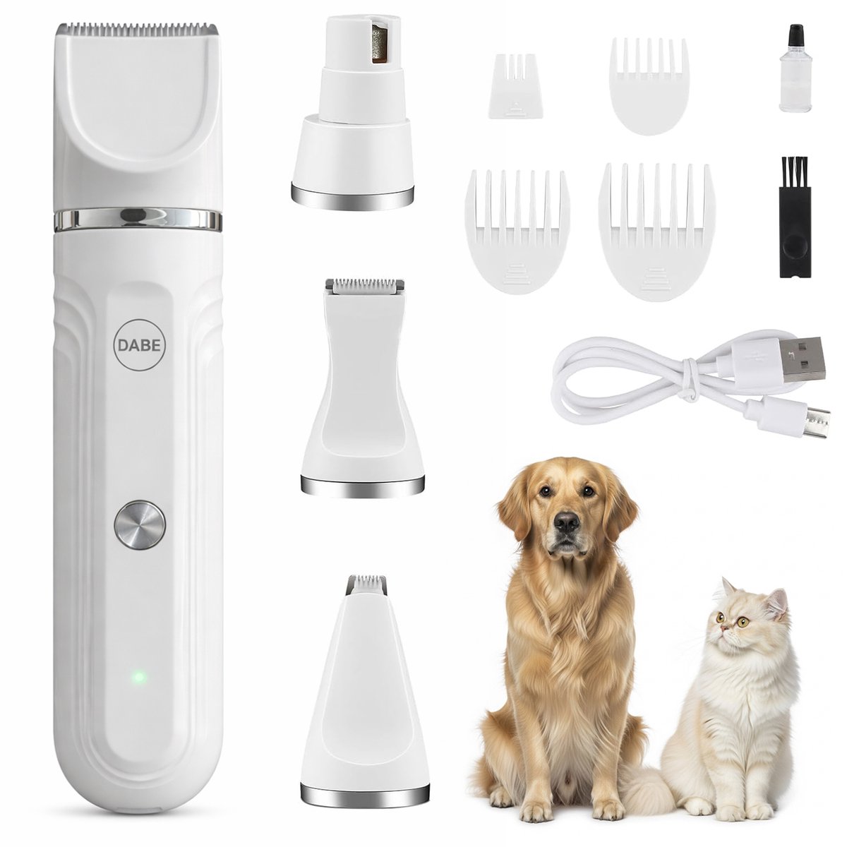 Dabé Dierentondeuse 4 in 1 – Hondentondeuse – Kattentondeuse – Draadloze Hondentrimmer – Met Nagelvijl voor Dieren – Inclusief Opzetstukken