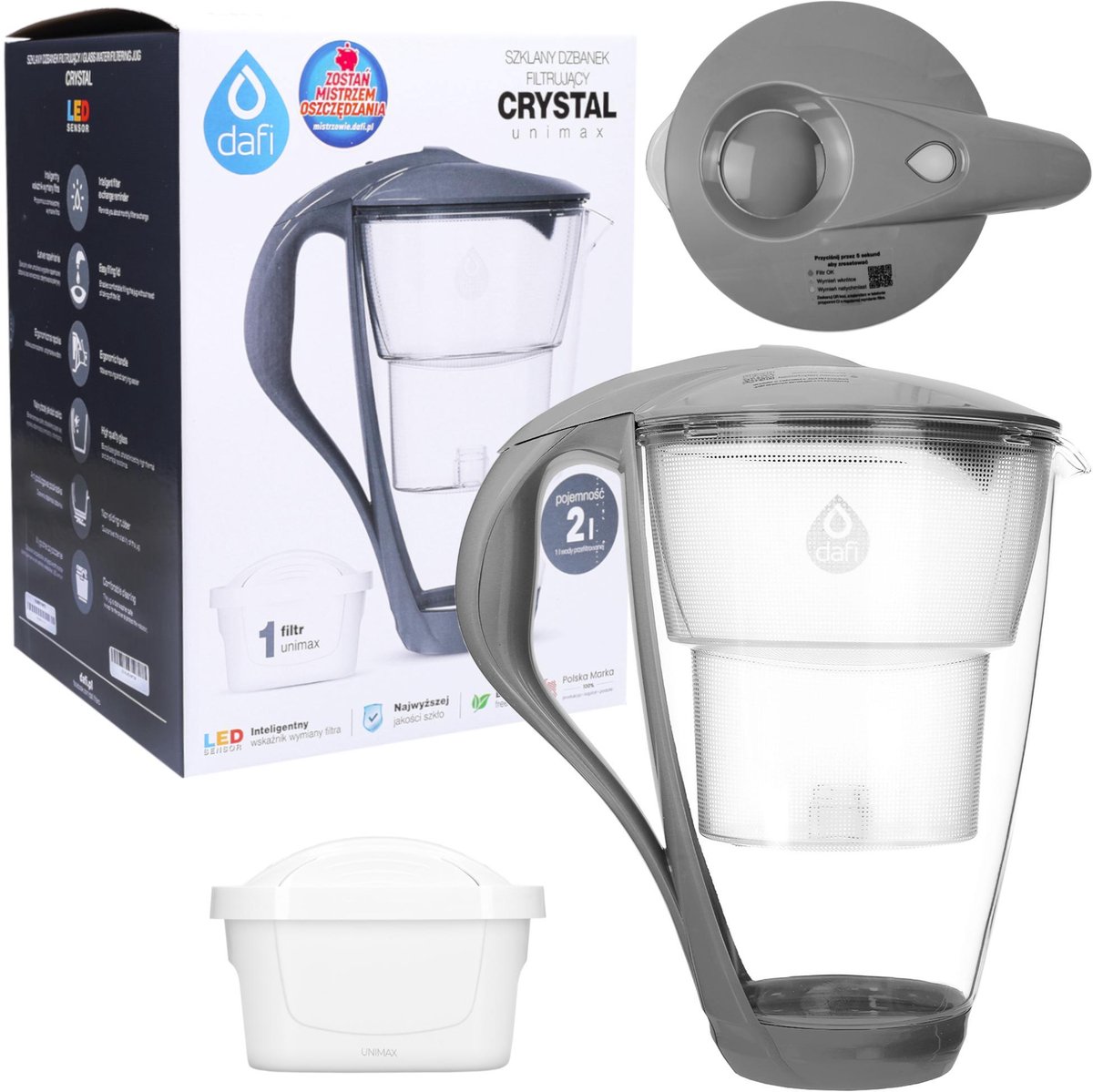 Dafi Crystal Waterfilterkan Glas 2L met LED Indicator + 1x Dafi Unimax Filter – Waterfilterkan voor Kraanwater – BPA-vrij – Grijs