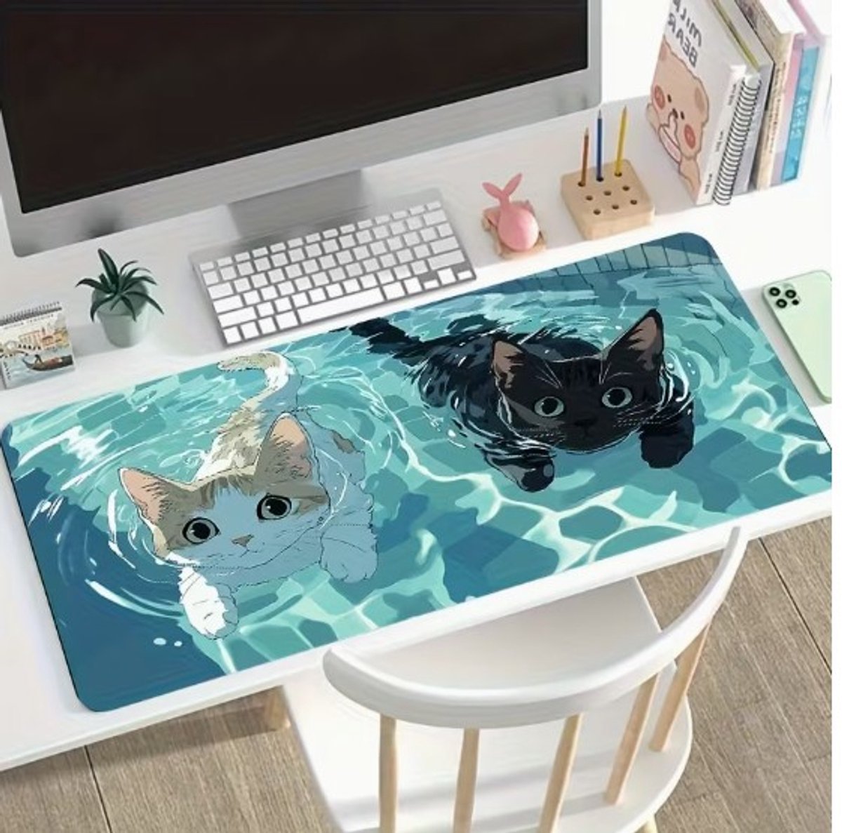 Gaming Muismat 90x40 cm – Zwemmende Katten Design – Grote Bureau Mat met Antislip