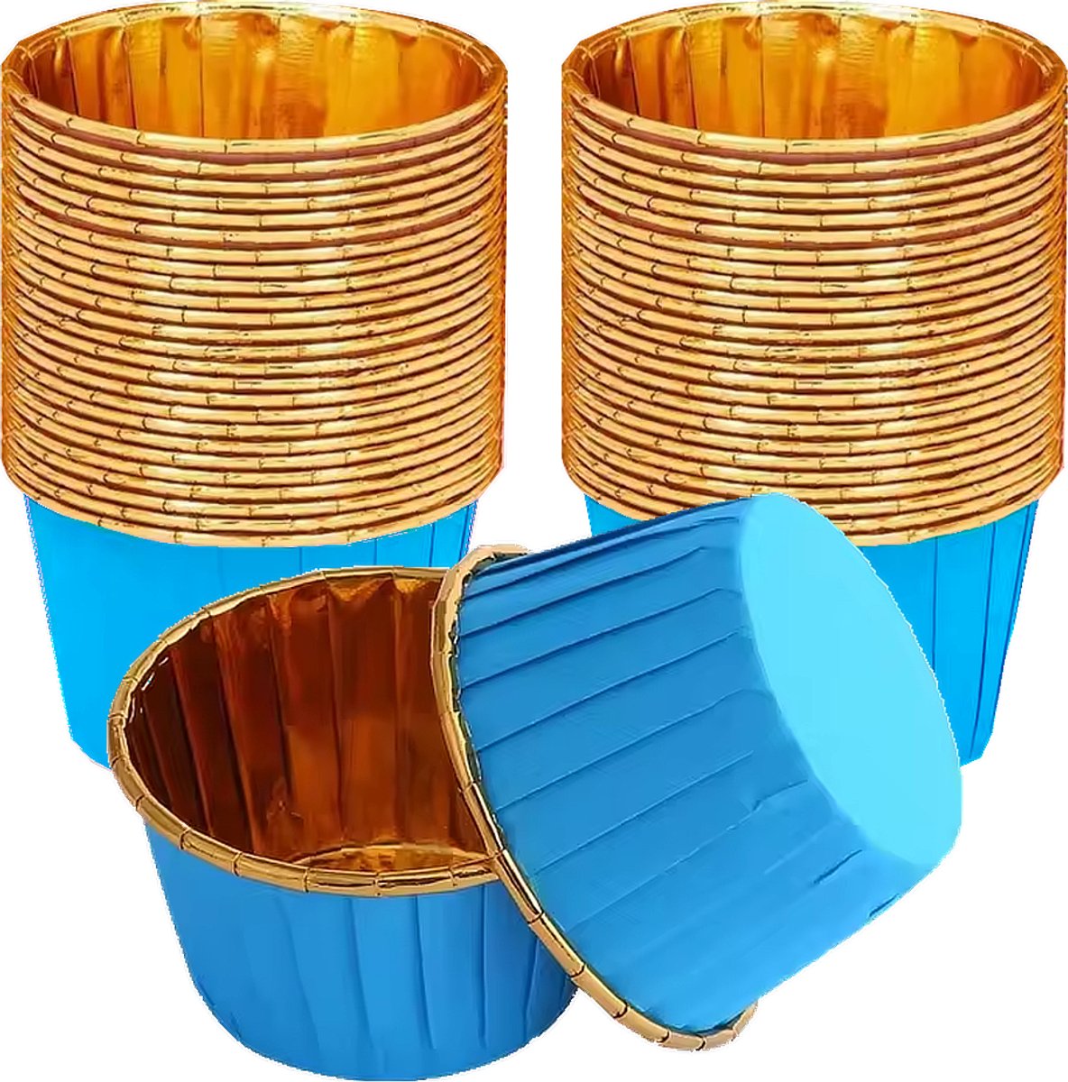 Muffinvormpjes 50 stuks – Blauw & Goud 40×50 mm – Papieren-Aluminium Bakvormpjes voor Cupcakes en Desserts