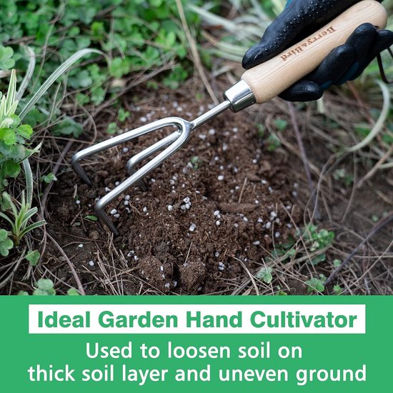 Hand Cultivator - Bodemwoeler Hark - Tuinonderhoud Onkruid - Roestvrij Staal Klauw - 29cm Lengte - Houtkleurig van Merkloos	 — afbeelding 4