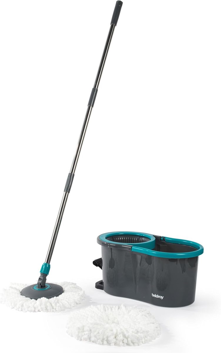 Spin Mop Set - Dweil Systeem - Efficiënt Schoonmaken - Handenvrij Uitwringen - 4L Emmer - Grijs
