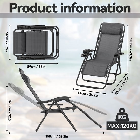 Opvouwbare Zonligstoel - Met Kussen - Verstelbare Rugleuning - Zijzak - Ergonomisch - Tuinligstoel - Metalen Frame - Oxford Stof - Draagbaar - Ligstoel - Voor Camping, Strand En Kantoor - Zwart - NAIZY — afbeelding 2