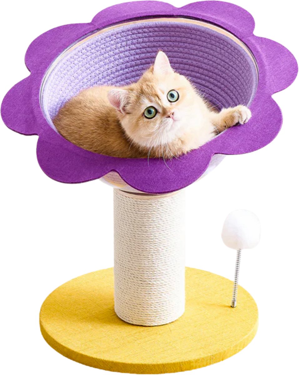 EcoPawPaw Kattenkrabpaal - 2-in-1 Kattenbed met Krabpaal - Verwisselbare Capsule - Zonnebloem Kattenmand - Paars