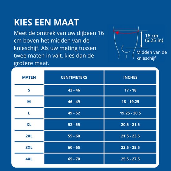 Maattabel Zamst ZK-X kniebrace: S, M, L, XL, 2XL, 3XL, 4XL in centimeters en inches.