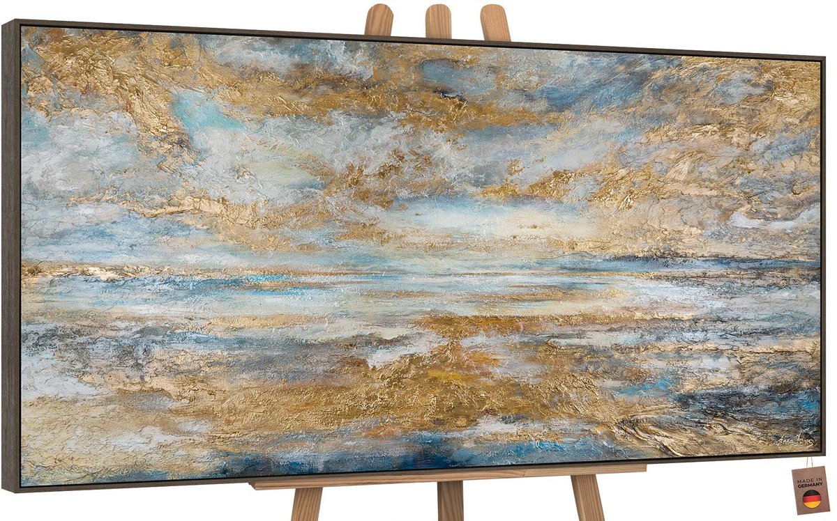 YS Canvas schilderij groot handgeschilderd gouden baai maritiem warm – YS-Art Gallery – Sfeervol wanddecoratie voor woonkamer – Modern schilderij voor slaapkamer en hal Grey