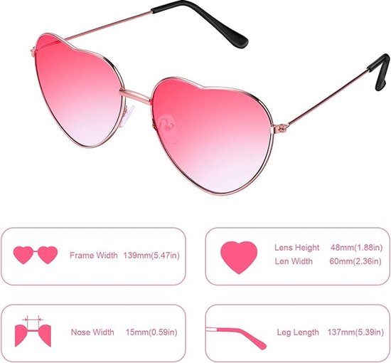 Sander Shop 2 paar hippieglazen bril hart gevormde zonnebril voor hippie chique jurk accessoires, roségoud montuur — afbeelding 5
