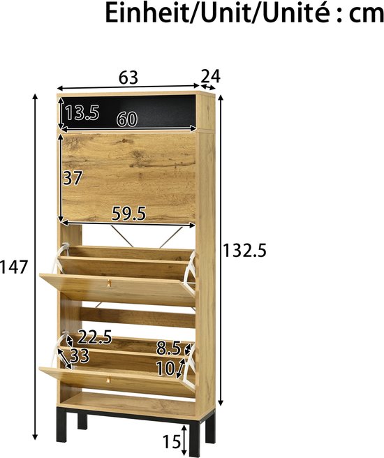Wishdor - Schoenenkast - 3 Kleppen En Open Vakken - Japandi - Voor De Hal - MDF - Naturel - 63 X 24 X 147 Cm