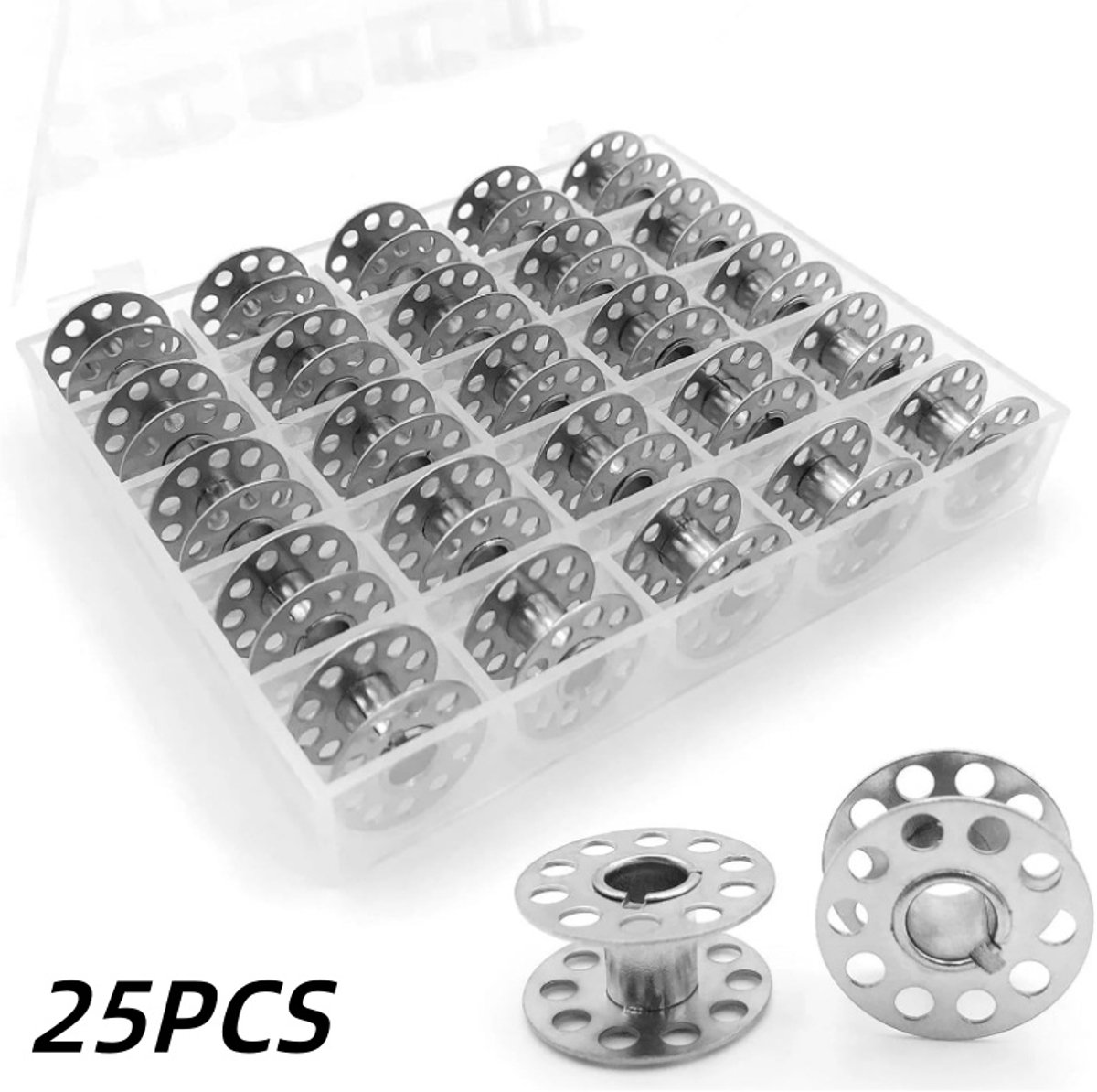 25 stuks-Spoel voor naaimachine - Metalen spoel - Naaimachineaccessoire - Inclusief opbergdoos - Geschikt voor de meeste elektrische en voetbediende naaimachines voor huishoudelijk gebruik - Zilver - 2 x 1,1 cm - 0,7 cm opening