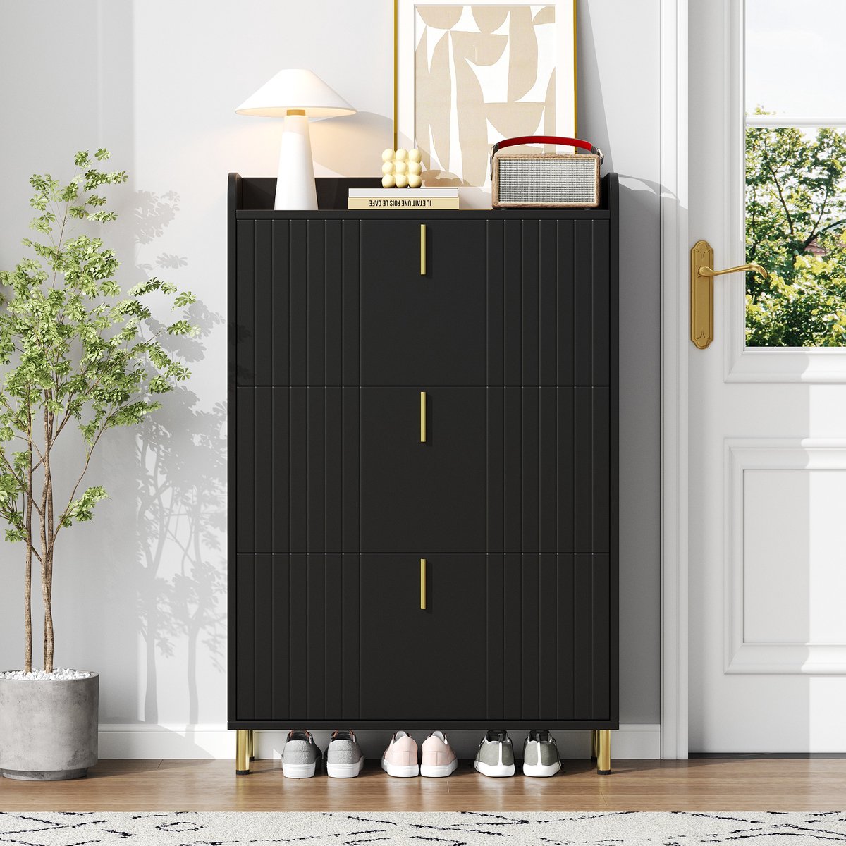 Wishdor - Schoenenkast - 3 Kleppen - Verstelbare Planken - Modern - Voor Hal - MDF - Zwart - 80 X 23 X 123,5 Cm