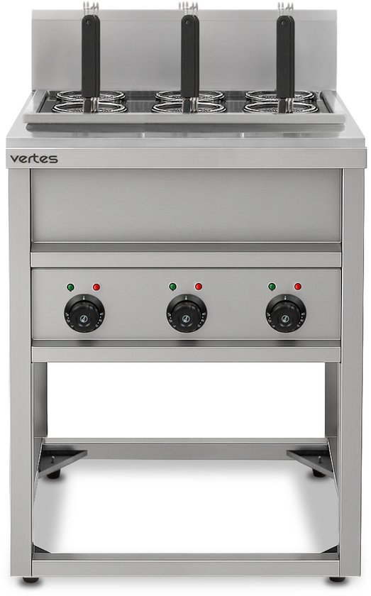 VERTES Gastro pastakoker met onderstel, van roestvrij staal, elektrisch, 3 x 1700 watt, 3 afzonderlijke kookbakken van elk 14 liter, 6 pastamanden, 3 aftapkranen, 3 temperatuurstanden van Merkloos — afbeelding 4