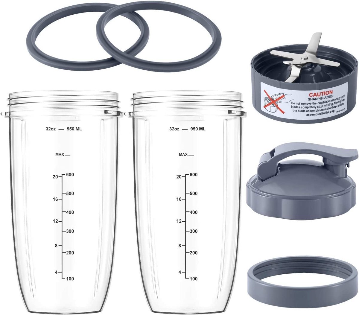 7 Stuks - Geschikt Voor Nutribullet Blender Cups & Mes Vervangende Set - Reservebeker - 32 OZ Grote Beker - Met 1 Flip-Top To-Go Deksel En, 1 Dekselring & Premium Extractor Mes - Accessoires Geschikt Voor Nutribullet 900w/600w Blender Sapcentrifuge