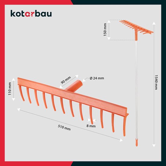 Hooihark Kunststof - Bladhark Tuin - Gazon Onderhoud - Aluminium Steel - 51 cm Werkbreedte - Oranje Zilver — afbeelding 4
