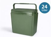 Donkergroene koelbox van 24 liter met een handvat en deksel.