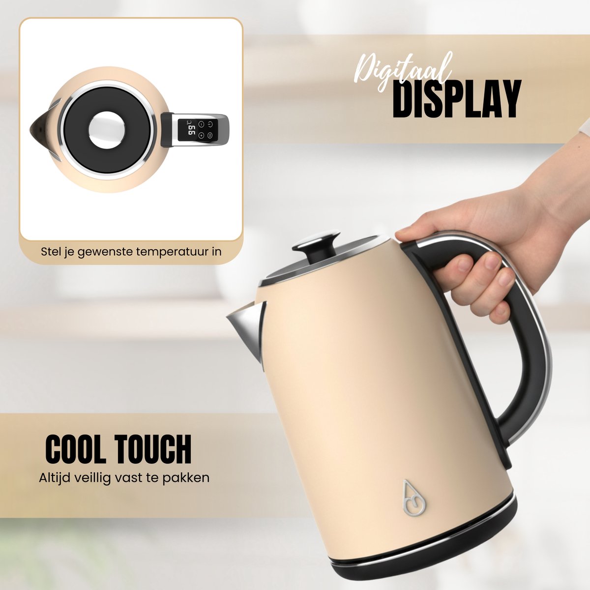 Motivai Waterkoker met Warmhoudfunctie & Temperatuurregeling – 1.7L – 2200W – BPA-vrij & PHAS-vrij RVS – Retro – Matte Beige — afbeelding 5