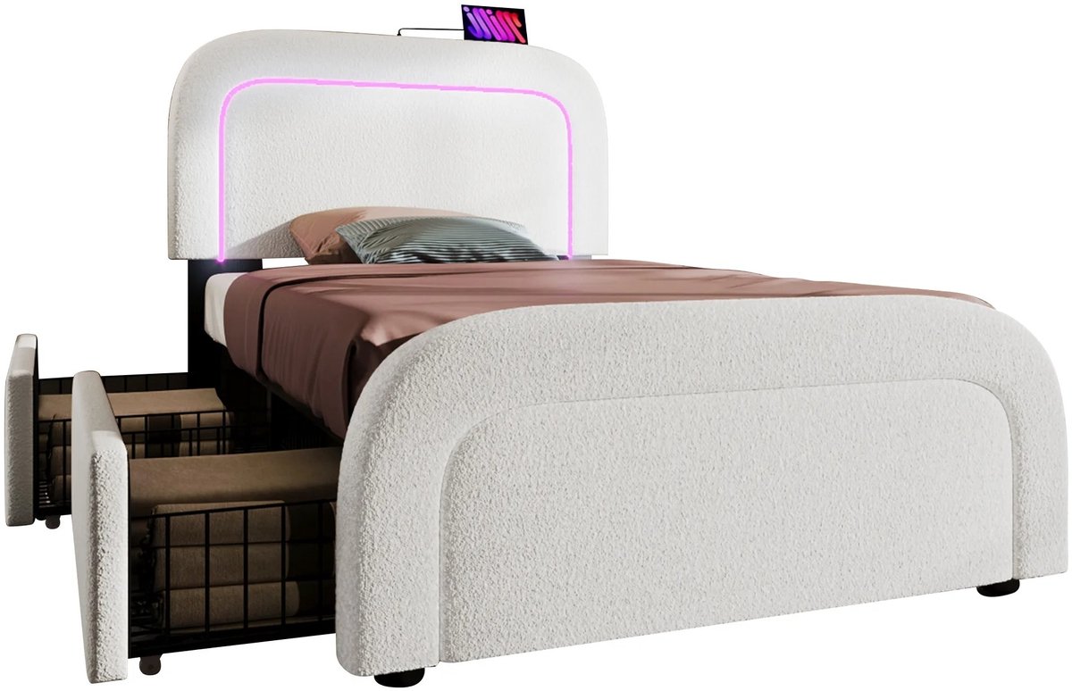 NordHaus Gestoffeerd Bed met Opbergruimte - Opbergbed met USB & LED Verlichting - Sherpa Teddy Bekleding - 2 Lades