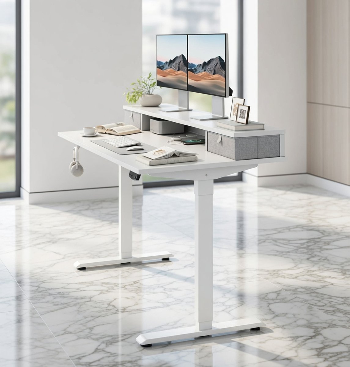 Ergonomisch Elektrisch Verstelbaar Zit-Sta Bureau 100x60 cm met Dubbele Laden – House&Garden – Elektrisch Hoogte Verstelbaar Bureau voor Thuiswerk, Kantoor & Gaming – Wit