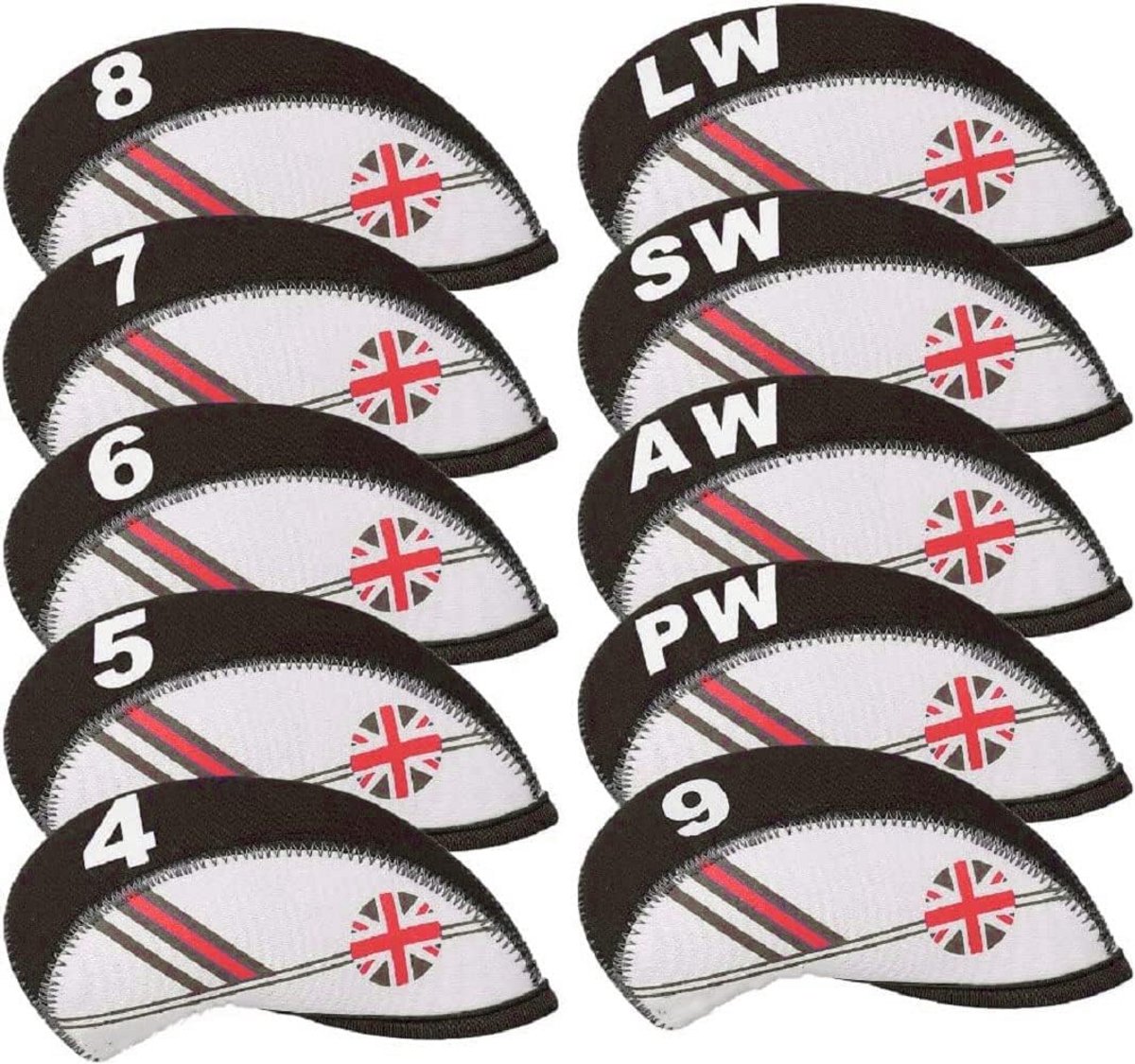 Golfijzer Hoezen - Club Beschermers - Golf Club Bescherming - UK Vlag Ontwerp - 10 Stuks Set - Zwart Wit
