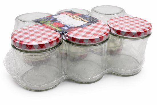 Jampotten - inmaak - glazen potten 346 ml met twist-off deksel (rood/wit geblokt) 6 stuks incl. recepten