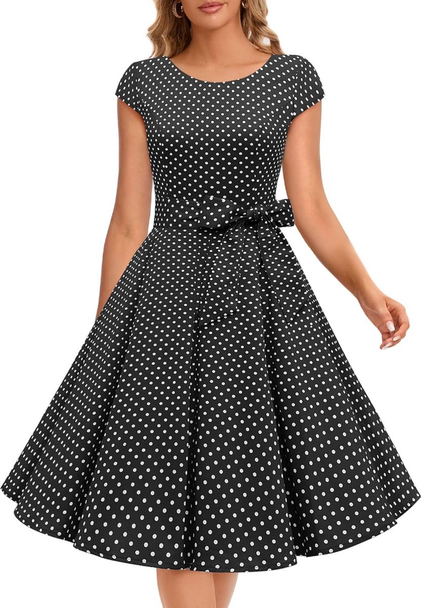 Vintage Jurk - Jaren 50 Stijl - Feestelijk Gelegenheden - Uitlopende Rok - Knielengte - Polka Dot