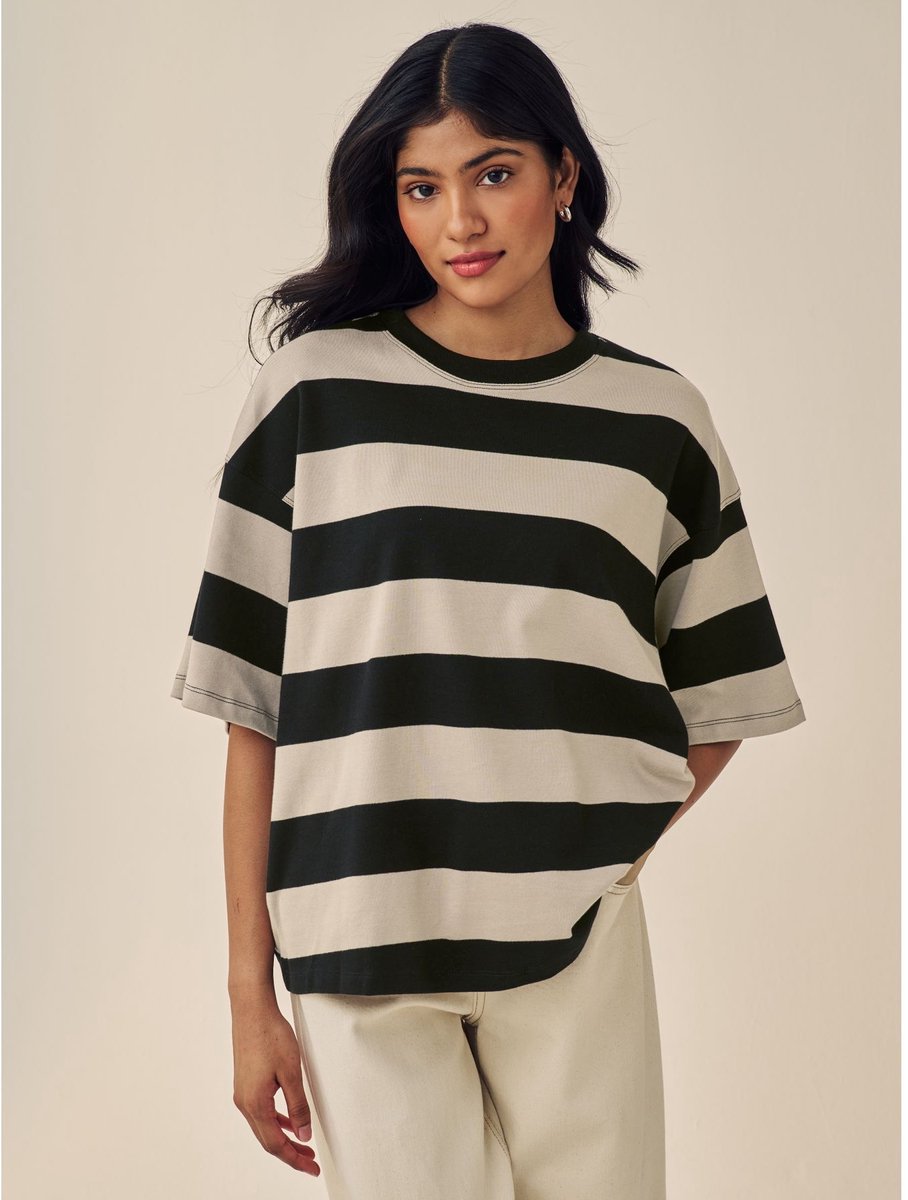 Next - Dames - T-shirt met ronde hals, oversized boxy pasvorm en zware stof - Naturel