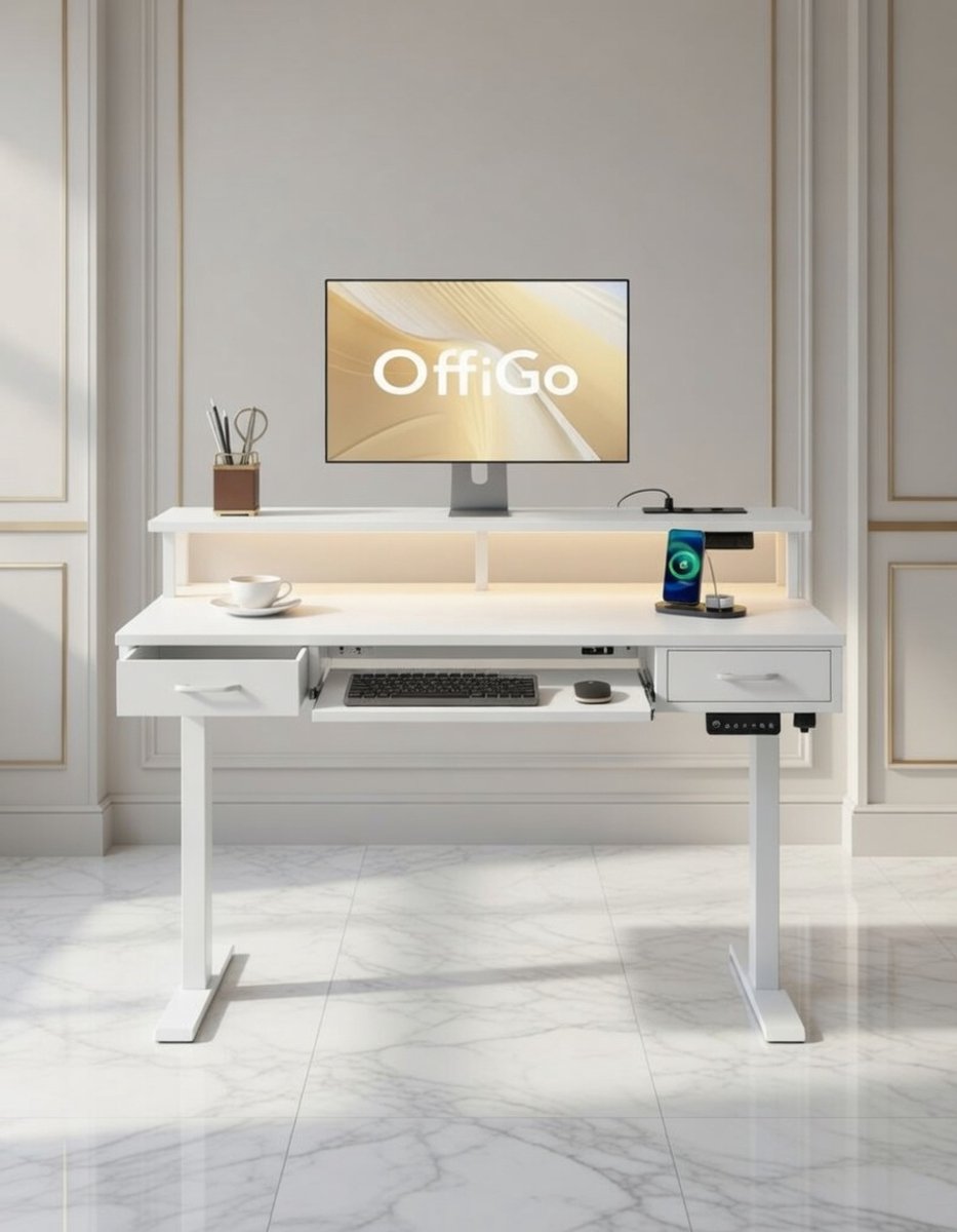 Elektrisch Verstelbaar Bureau 120 cm – Ergonomisch Computerbureau met Lade, Toetsenbordlade, Monitorstandaard, Stopcontacten & LED Licht – Hoogte Instelbaar van 78-120 cm – Wit House&Garden