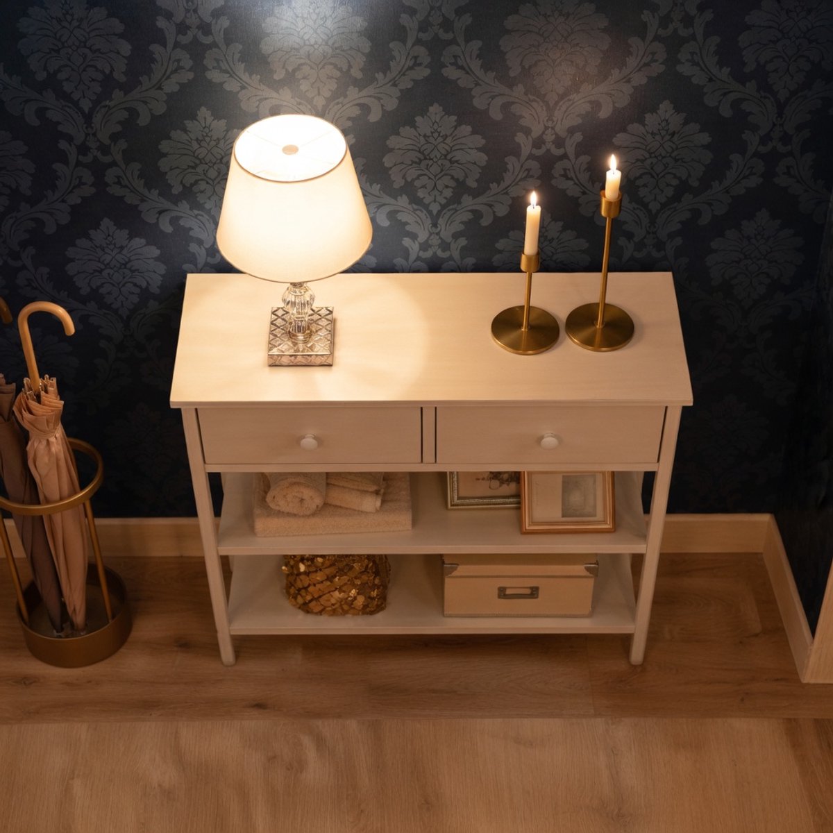 Smalle Consoletafel met Lade en 2 Opbergplanken 75 cm – Industriële Haltafel / Sidetable voor Hal, Woonkamer of Slaapkamer – Compacte Bijzettafel met Metalen Frame en Opbergruimte – Wit – NoviHome