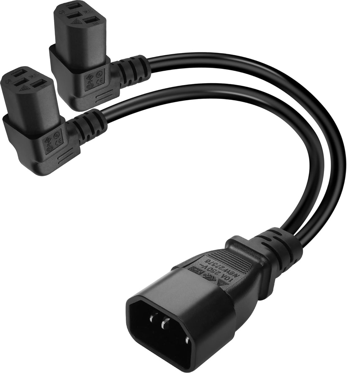 C14 naar 2x C13 Stroomkabel Splitter 90 Graden Hoek Y-Kabel Kort 30cm Zwart
