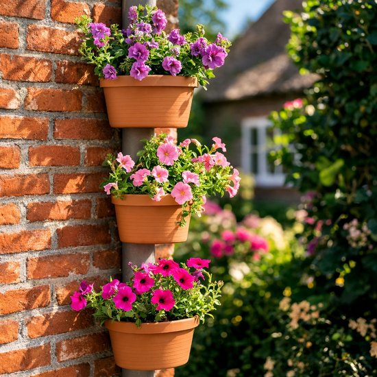 Trois pots bruns sur une gouttière, remplis de fleurs violettes, roses et fuchsia