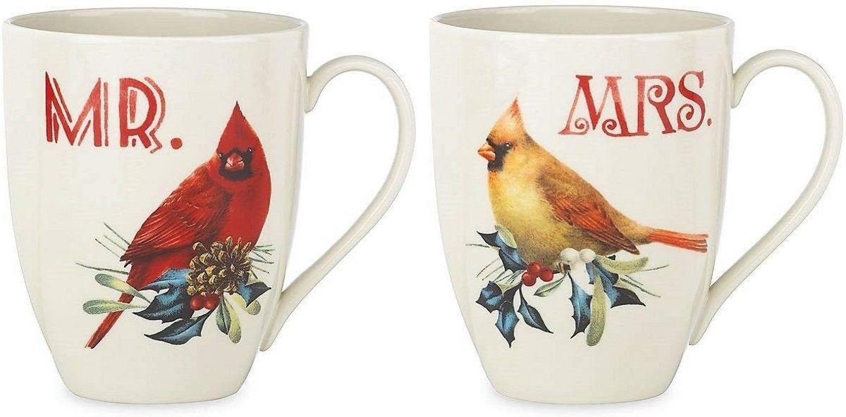 Set van 2 Mr & Mrs Mokken Porselein - Winter Thema Kardinaal Cadeau