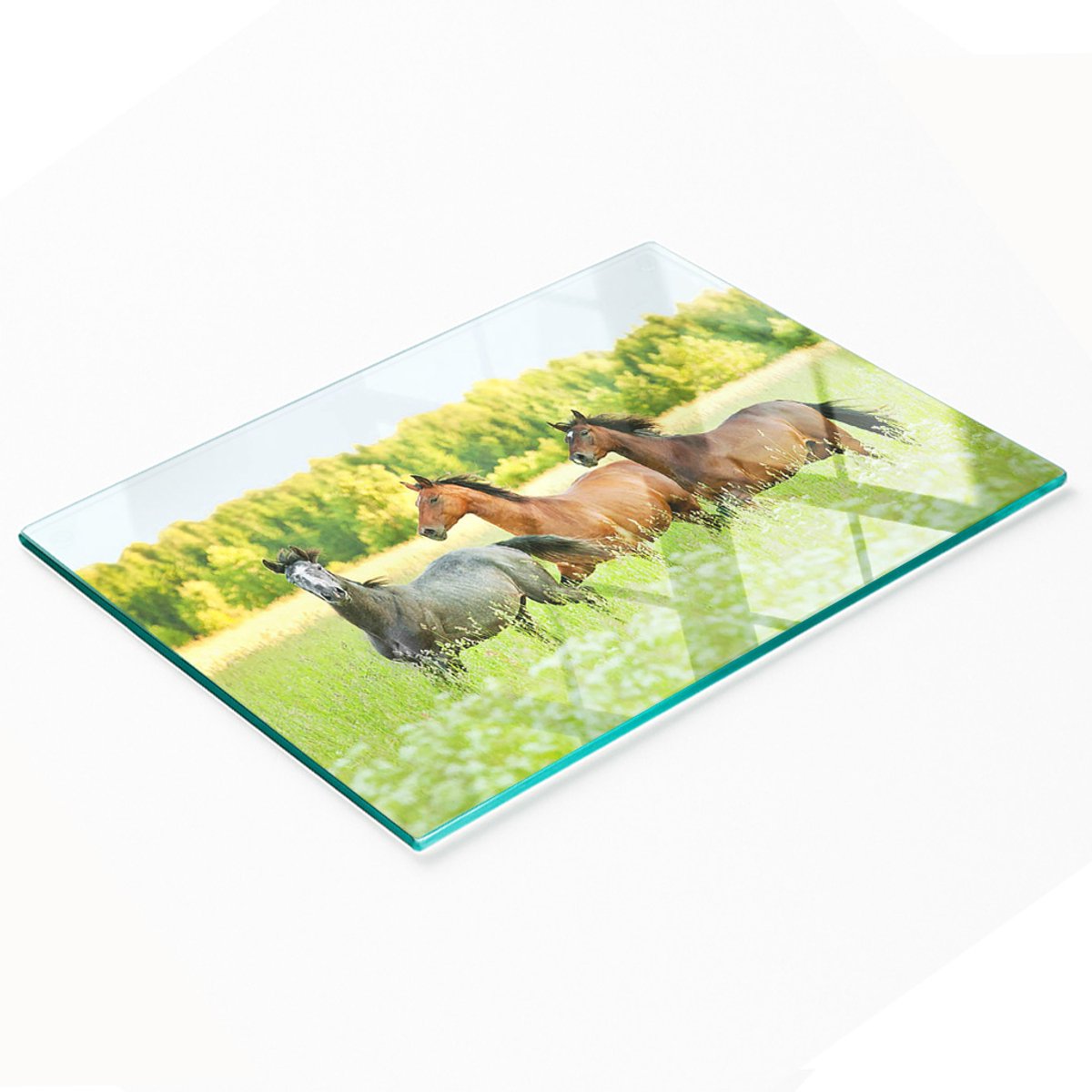 Glazen serveerplank met afbeelding van galopperende paarden, 80x52 cm