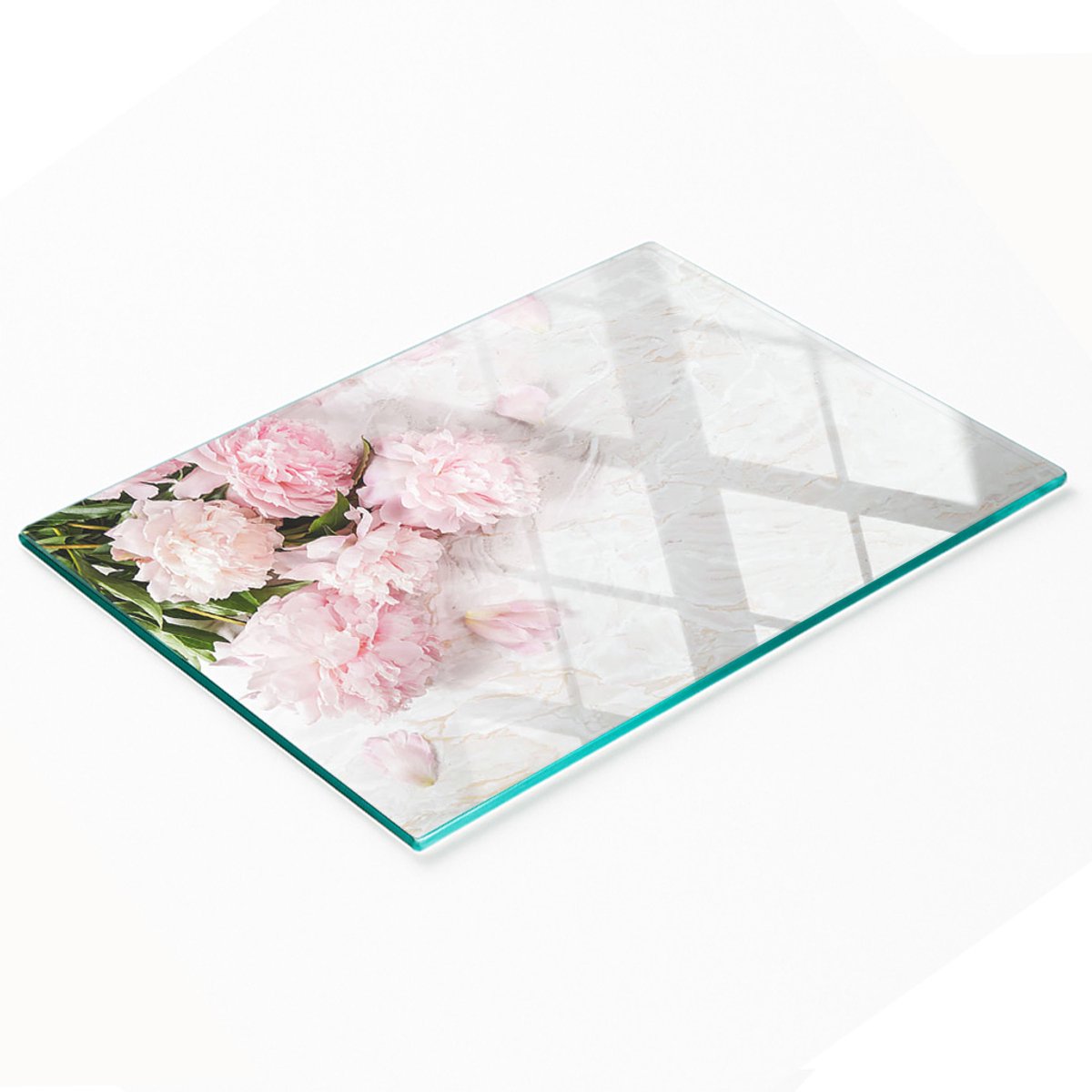 Decoratieve glazen snij- en serveerplank met pioenrozenmotief, 80x52 cm