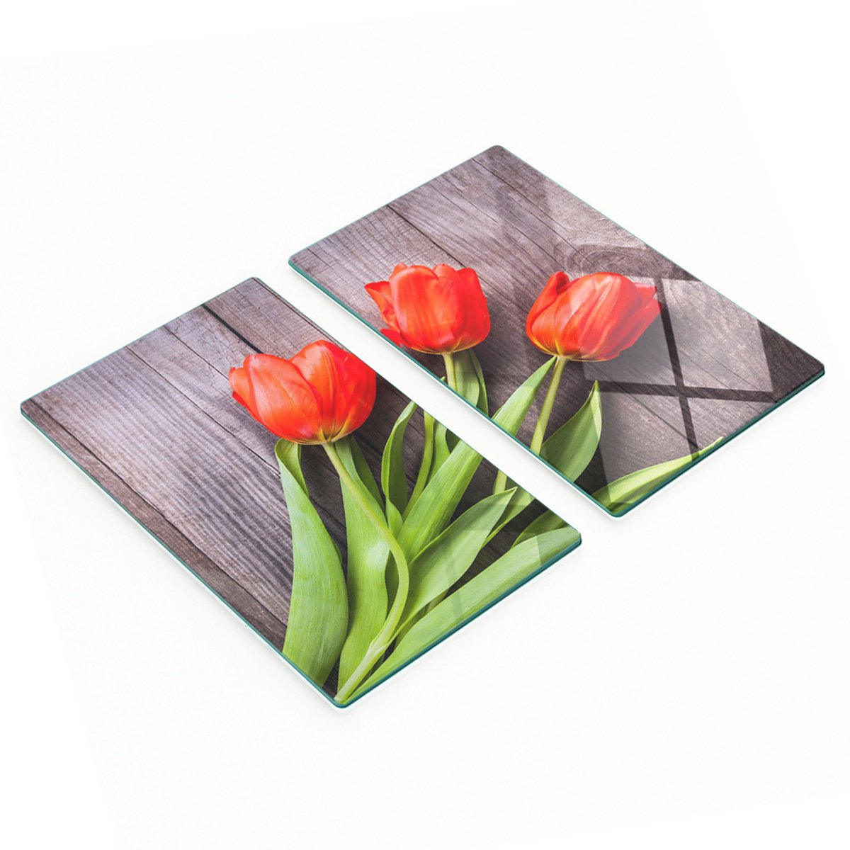 Multifunctionele decoratieve glazen borden met rode tulpen, 2x30x52 cm