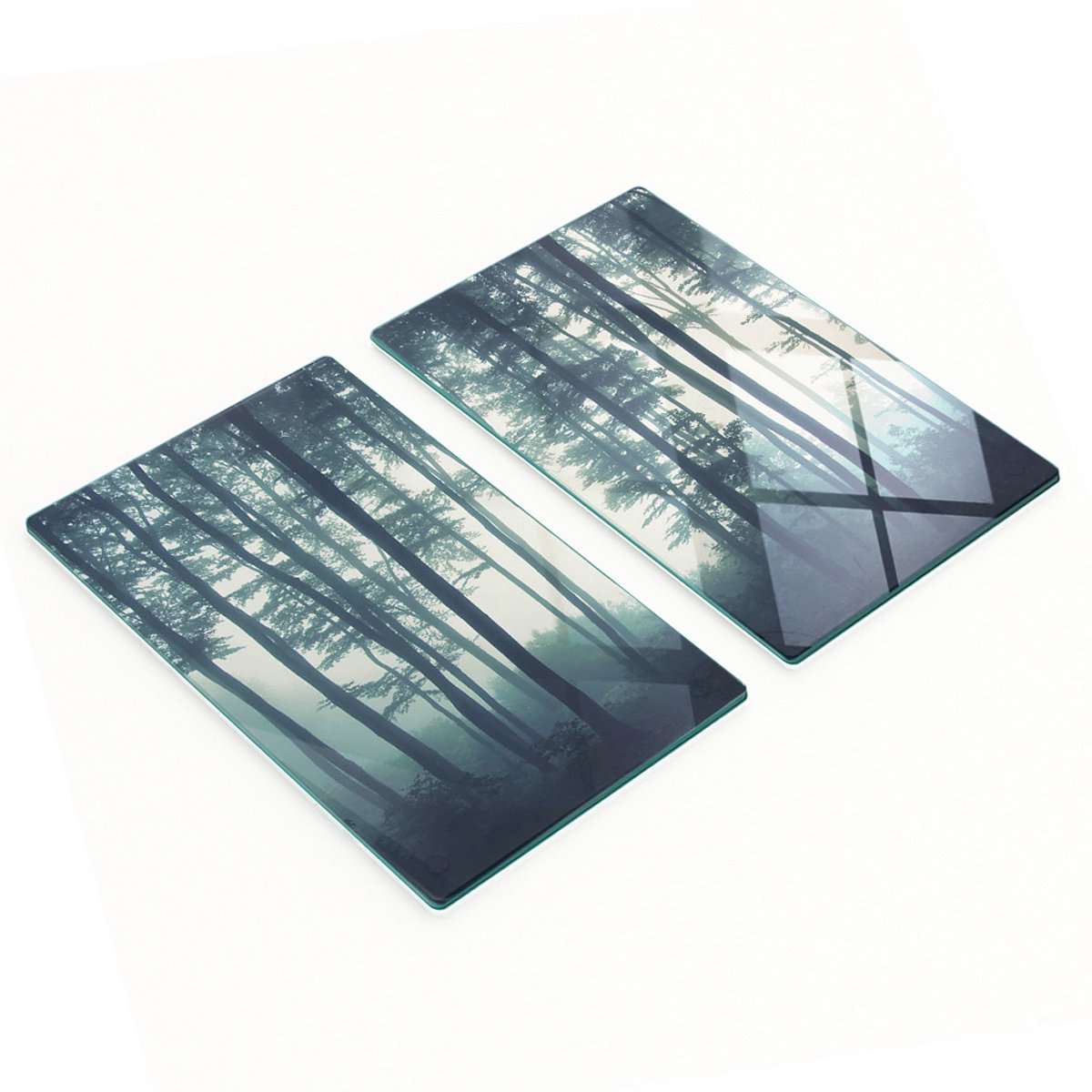 Set van twee decoratieve glazen keukenplanken, bos in de mist, 2x30x52 cm