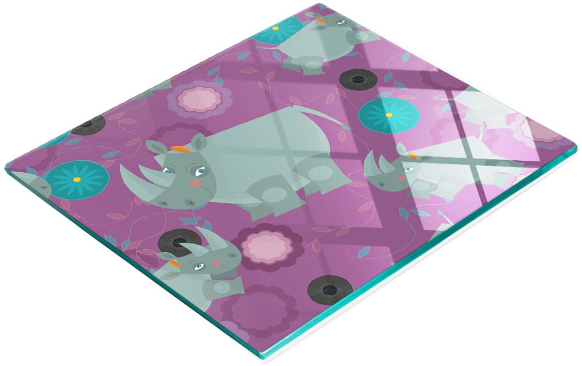 Decoratieve keukensnijplank van gehard glas met neushoornmotief, 60x52 cm