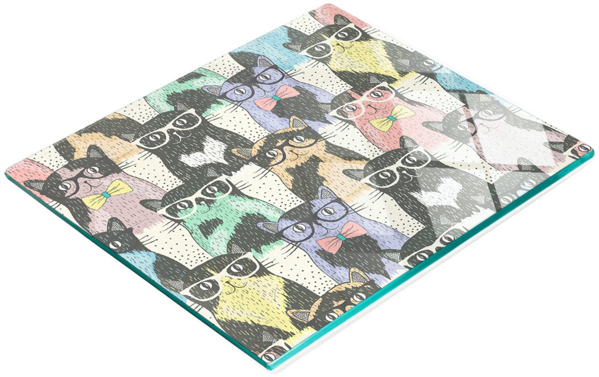 Glazen serveerplank met afbeelding van katten in glazen, 60x52 cm