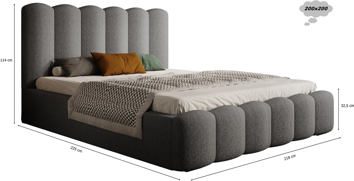 Gestoffeerd Tweepersoonsbed 200x200 cm – Luxe Fluwelen Tessa Deluxe Bed met Opbergruimte en Houten Lattenbodem – Lichtgrijs – Laura