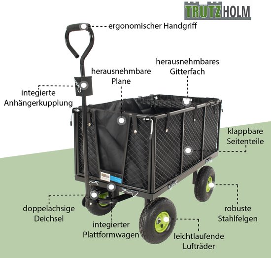 Tuintrolley afneembaar zeil 550 kg handkar opvouwbare traliewanden luchtbanden wielen aanhangwagen functie — afbeelding 3