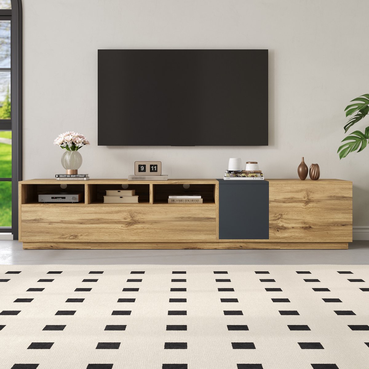 MODFU TV-Meubel - Open Vakken Met Kabeldoorvoer - Modern - Spaanplaat - Zwart, Grijs En Houtkleur - 200 x 45 x 45 cm Zwart+Grijs+Natuurlijk
