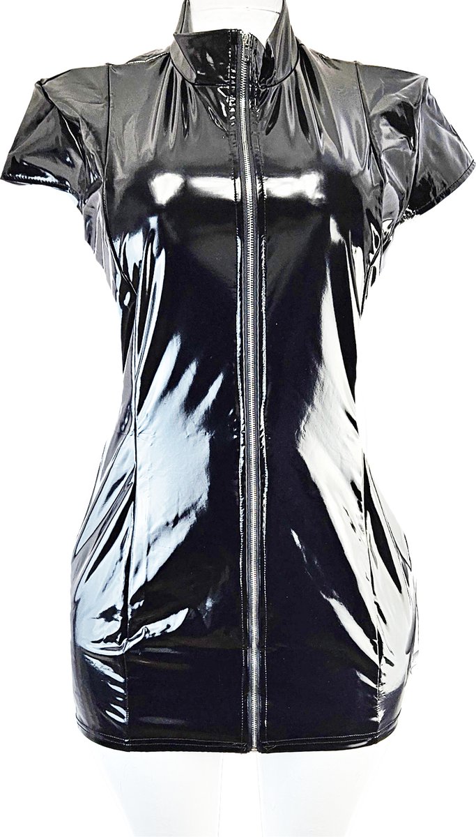 BamBella® - Jurk- Maat L/XL - zwart met rits Rollenspel sm dames sexy Glans kleding mix van Latex en stof Datex