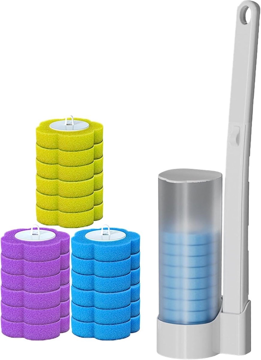 Toiletborstelset met Verlengd Handvat - 40 × 5,5 cm - Inclusief 18 Vervangbare Borstelkoppen en 3 Stylish Houdermodellen - Geschikt voor Toilet en Badkamer - Hygiënisch en Gemakkelijk Te Reinigen