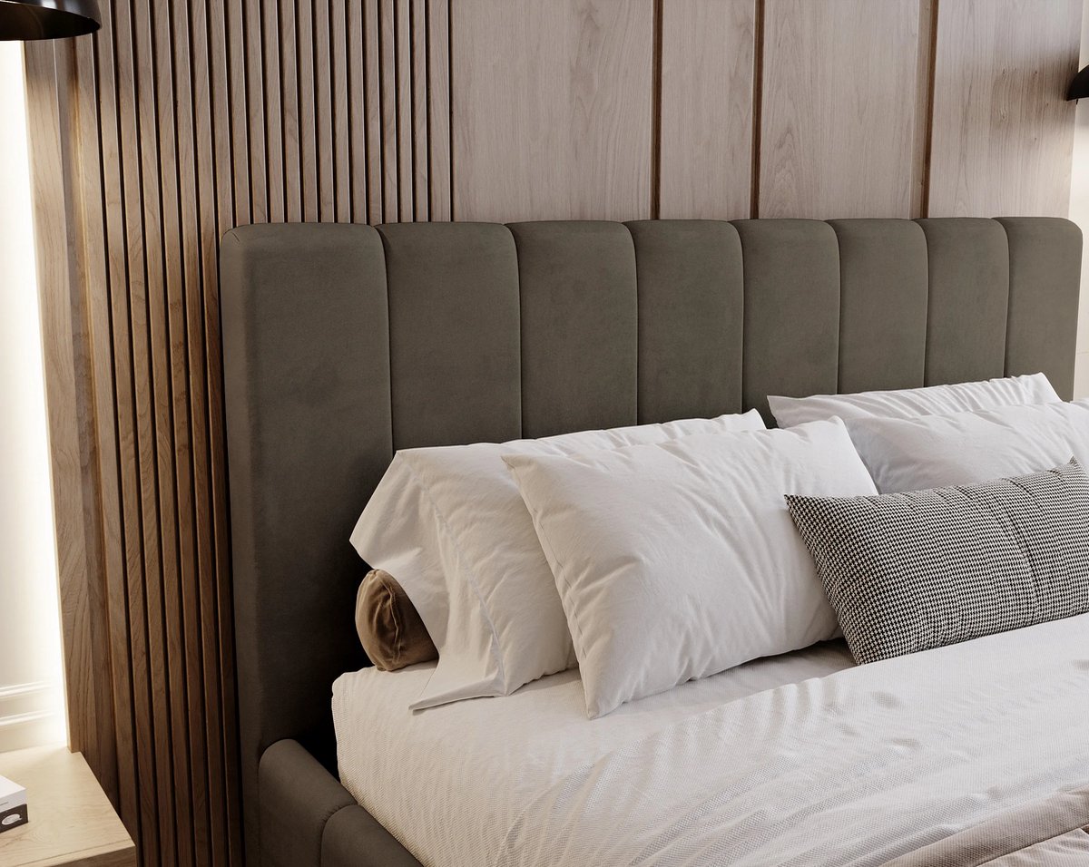 Gestoffeerd Tweepersoonsbed 200x200 cm – Luxe Modern Vellutto Velours Bed met Opbergruimte, Slank Slim-Frame en Metalen Gasveren – Bruin – Laura