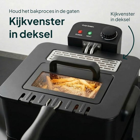 Frituurpan - 5 Liter - 3 Manden - Kijkvenster - Friteuse - Koude Zone - Zwart- Vivid Green