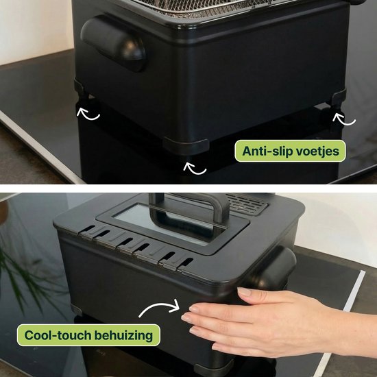 Frituurpan - 5 Liter - 3 Manden - Kijkvenster - Friteuse - Koude Zone - Zwart- Vivid Green