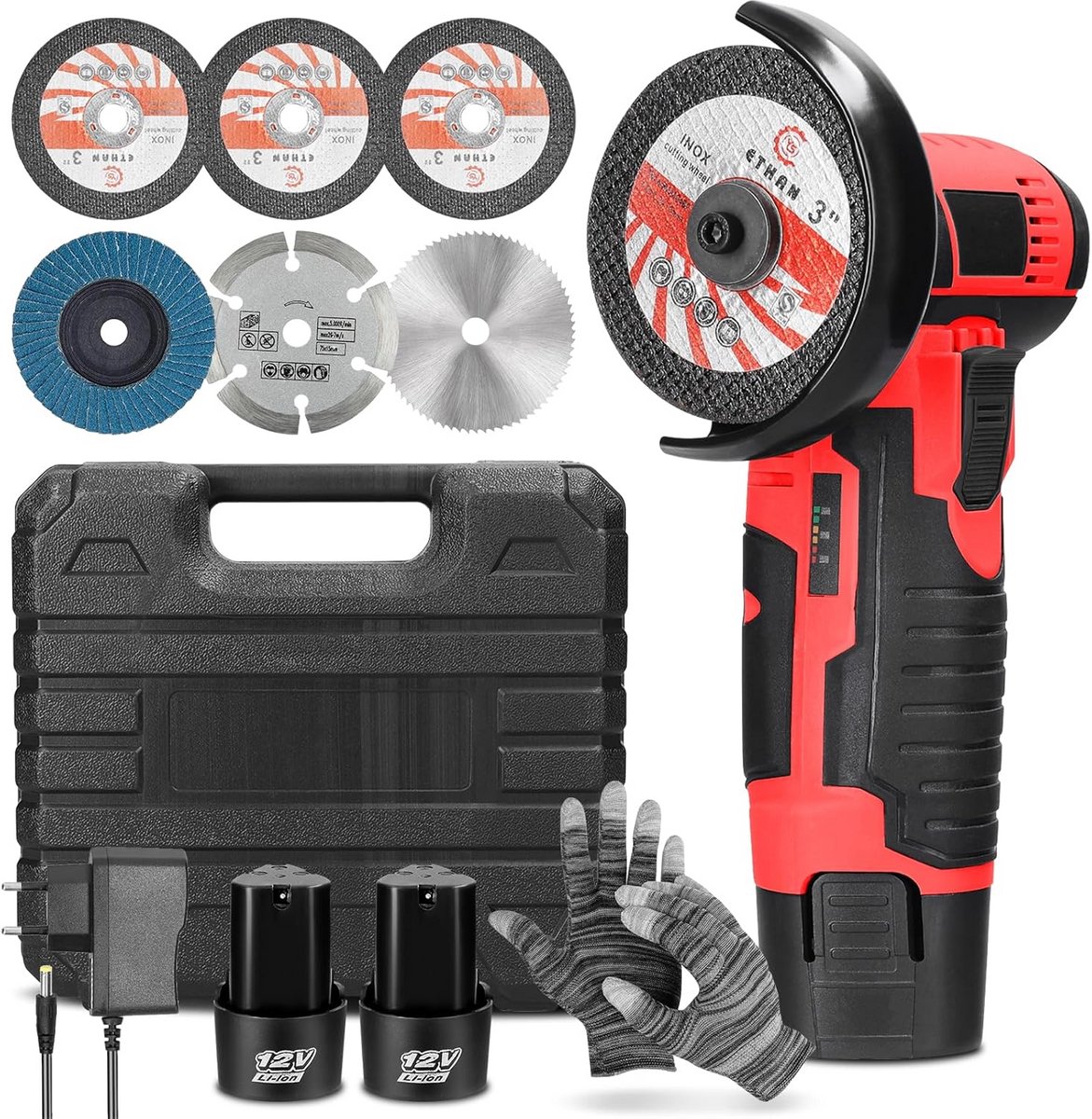 Accu Slijper Set - Doorslijpmachine Draadloos - Snijden Polijsten - Dubbele Batterijen - 12 Volt - Rood